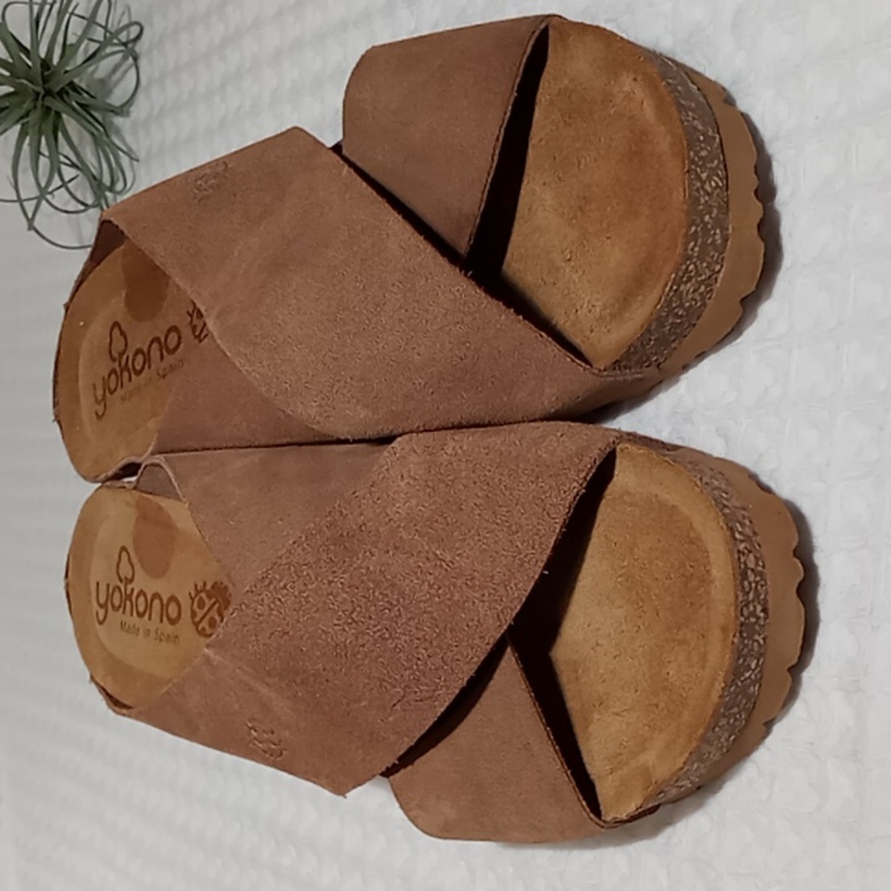 Yokono Tan Suede Cross Band Cork Wedge Mule Size 9 - Picture 6 of 13